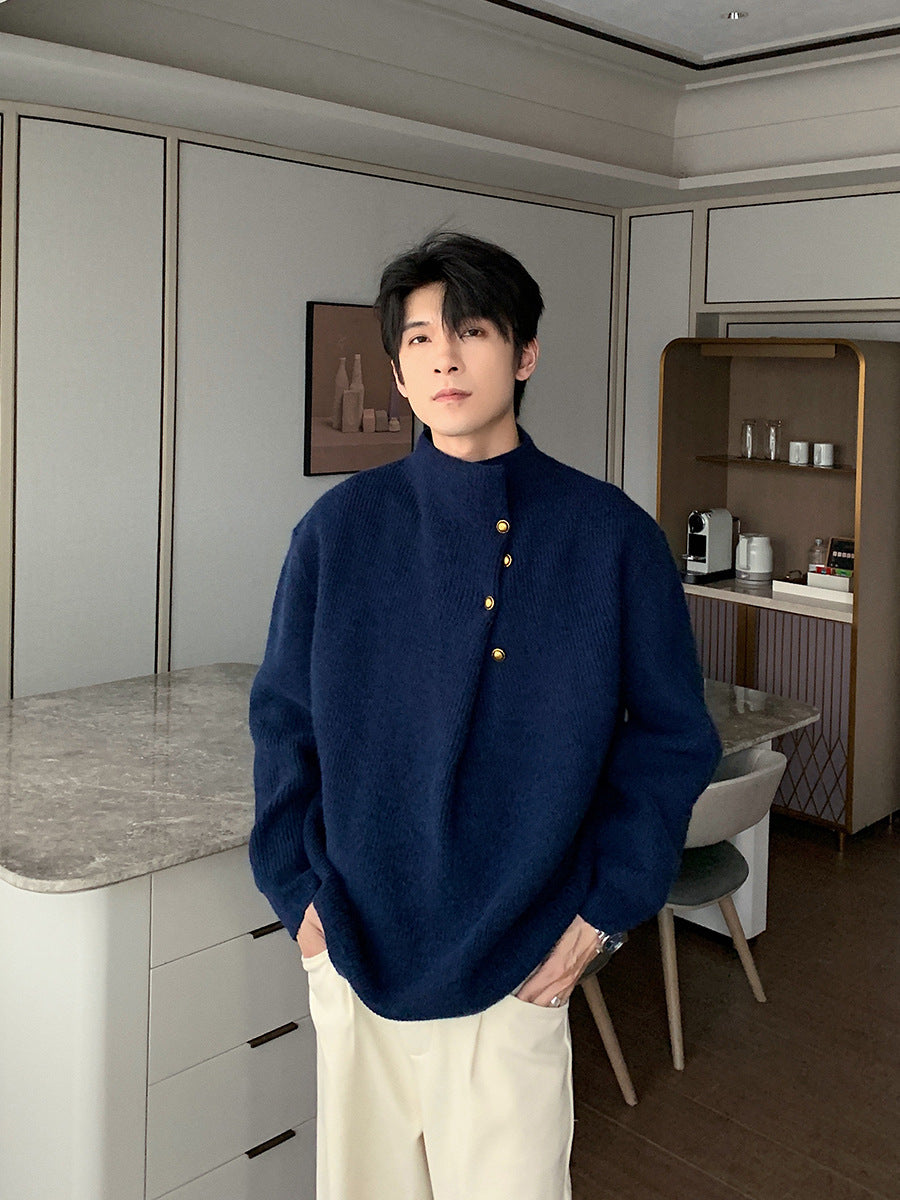 Irregularly buttoned high-neck sweater with a stylish and laid-back vibe, oversized knitted top