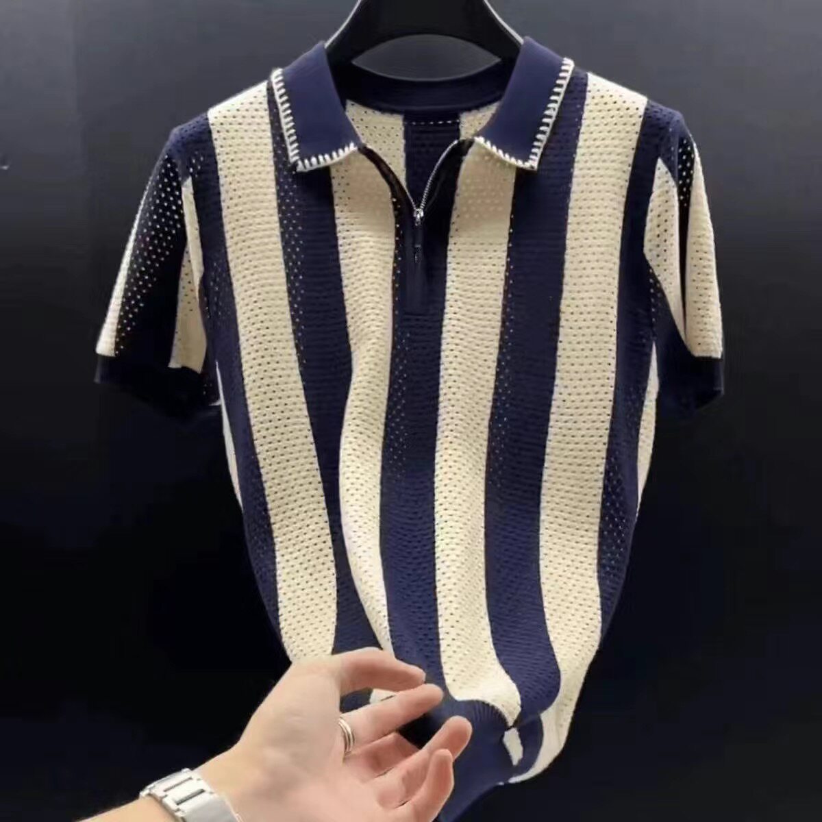 Mesh thin short-sleeved sweater, cool and stylish men's slimming knitted sweater T-shirt 2026 men's half-sleeve
