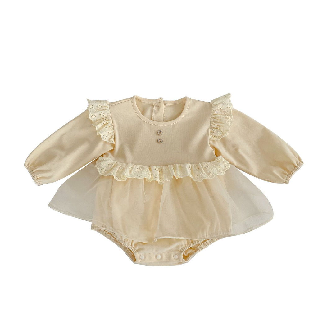 spring female baby clothes solid color lace bag fart dress sweet princess net gauze ha dress go out climbing clothes