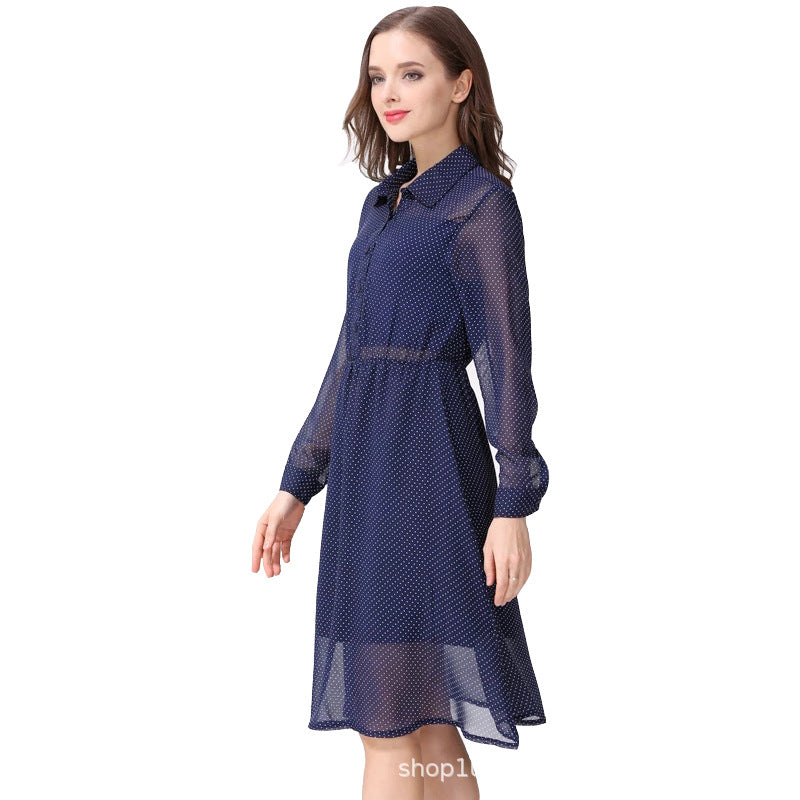 Spring and Autumn Chiffon maternity dress, hot mom's outerwear, lapel long-sleeved lactation dress, polka dot maternity dress