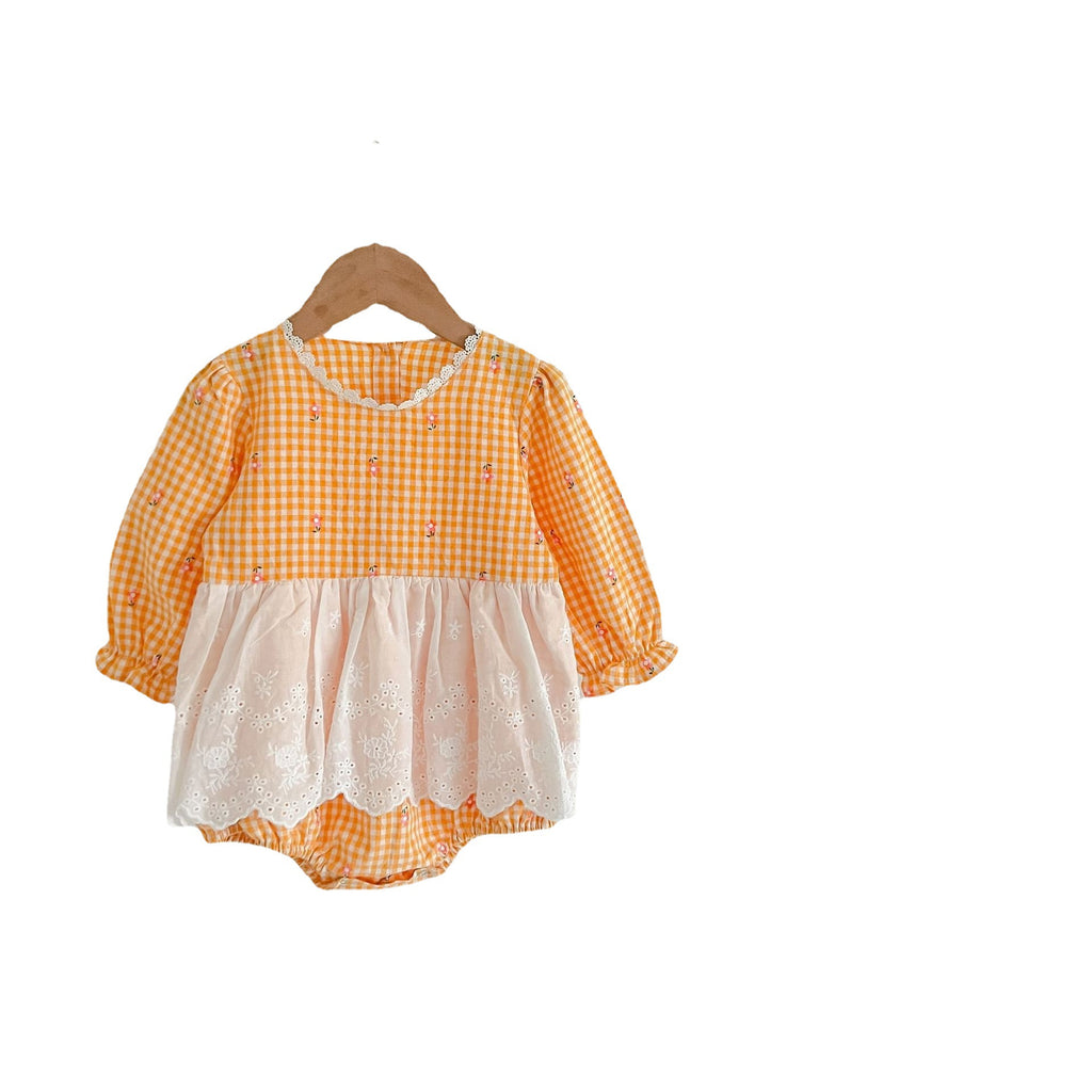 ins fall new baby children's onesie girl baby plaid small floral lace apron ha clothing climbing suit